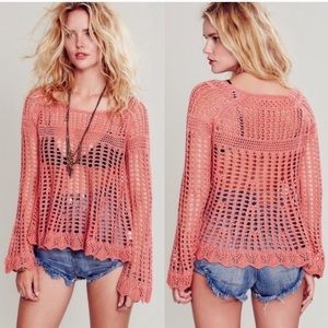 ⚡️Black Friday Sale!⚡️ Free People Annabelle Pink Crochet Knit Long Sleeve Shirt
